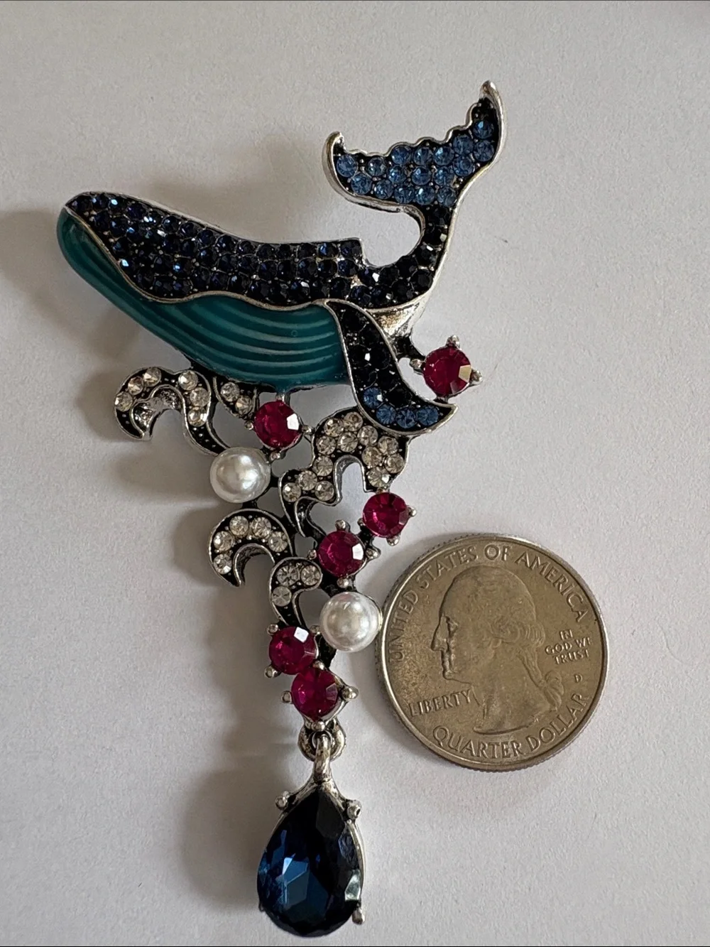 Whale Pendant Brooch with Blue Teardrop and Ruby Accents